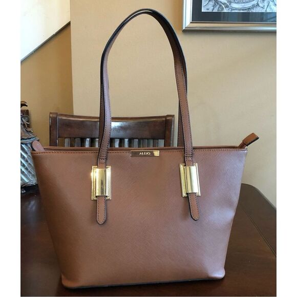 ALDO - EUC Brown Faux Leather Zippered-Top Shoulder Tote. Tailored & Structured - Picture 4 of 14